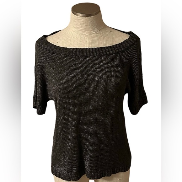 Calvin Klein Jeans Off Shoulder Short Sleeve Sweater Metallic Silver-Black Sz M - Picture 1 of 7